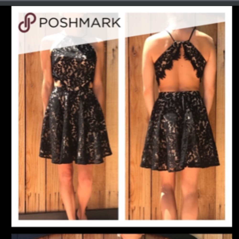 bebe Black Lace Fit-and-Flare Midi Dress